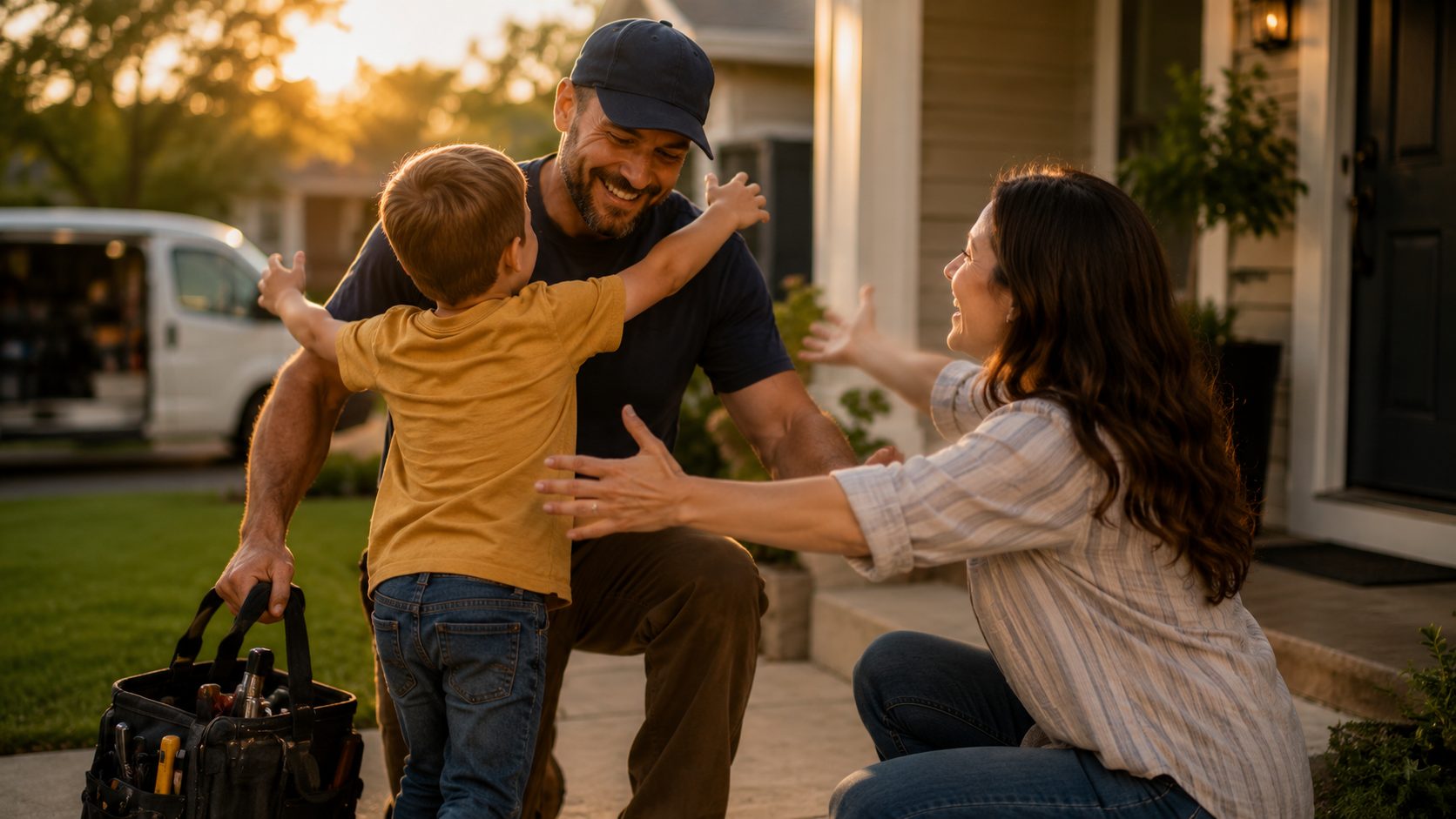 A tradesperson home at golden hour, kneeling to catch his young son running into his arms while his partner kneels beside them, the work van and front porch behind.